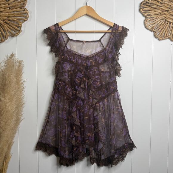 Free People tunic top floral lace sheer ruffled boho mesh top Large - Picture 3 of 8